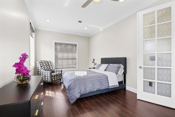 Bedroom, Interior, Recessed Lighting, Wood Texture Flooring