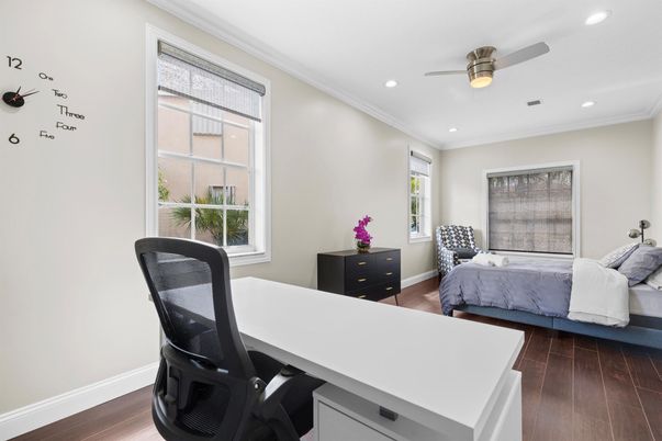 Bedroom, Home Office, Interior, Recessed Lighting, Wood Texture Flooring