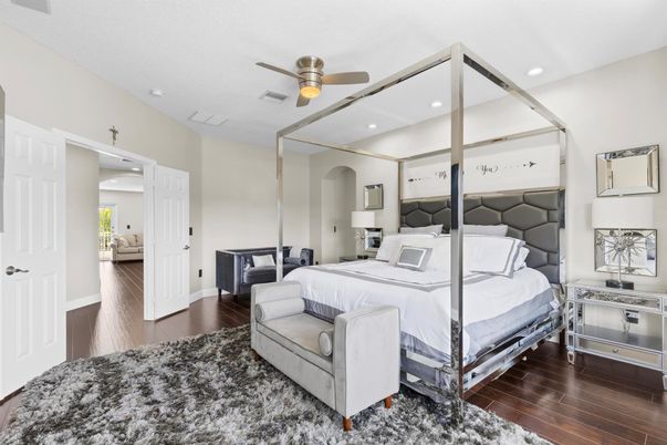Bedroom, Interior, Recessed Lighting, Wood Texture Flooring