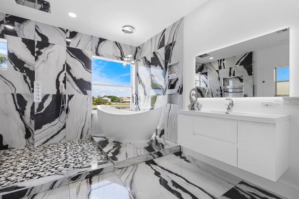 Bathroom, Interior, Marble, Marble Walls, Pendant Lights, Recessed Lighting