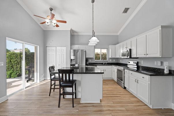 Interior, Kitchen, Pendant Lights, Stainless Steel Appliances, Wood Texture Flooring