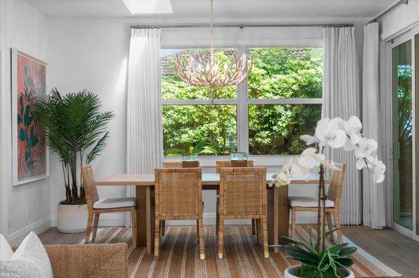 Dining room, Interior, Pendant Lights, Wood Texture Flooring