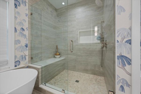 Bathroom, Free Standing Baths, Glass Shower, Interior, Recessed Lighting