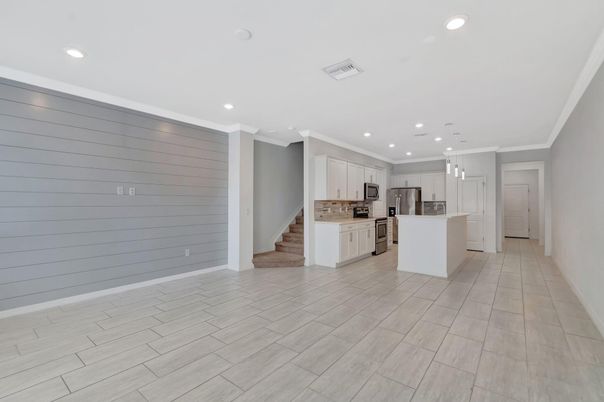 Empty room, Interior, Kitchen, Pendant Lights, Recessed Lighting, Stainless Steel Appliances