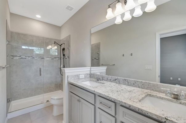 Bathroom, Dual Sink Vanities, Glass Shower, Interior, Recessed Lighting