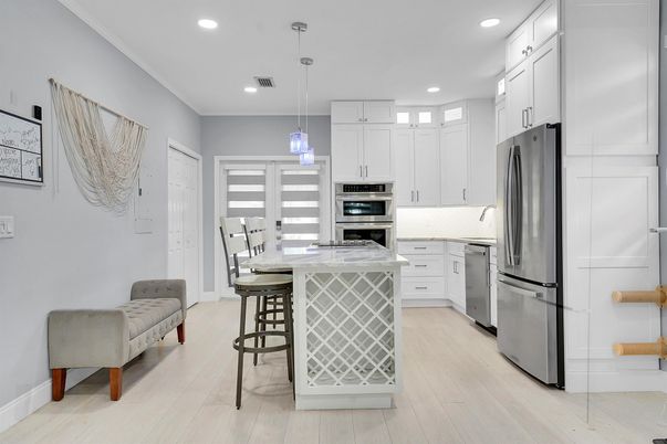 Interior, Kitchen, Pendant Lights, Recessed Lighting, Stainless Steel Appliances, Wood Texture Flooring