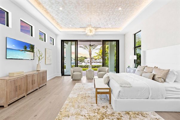 Bedroom, Interior, Pendant Lights, Recessed Lighting, Wood Texture Flooring