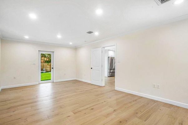 Empty room, Interior, Kitchen, Recessed Lighting, Wood Texture Flooring