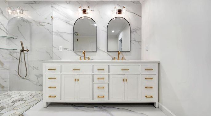 Bathroom, Dual Sink Vanities, Interior, Marble, Marble Walls