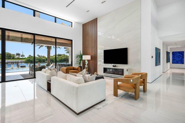 Fireplace, Interior, Living room, Recessed Lighting, Water