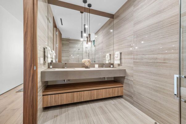 Bathroom, Dual Sink Vanities, Glass Shower, Interior, Pendant Lights, Recessed Lighting, Wood Texture Flooring