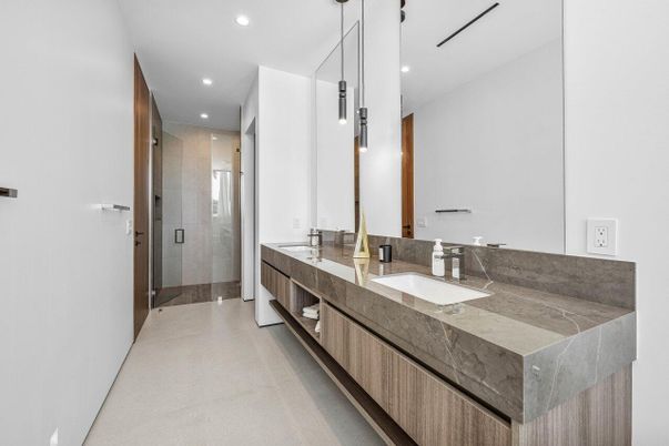 Bathroom, Dual Sink Vanities, Glass Shower, Interior, Pendant Lights, Recessed Lighting