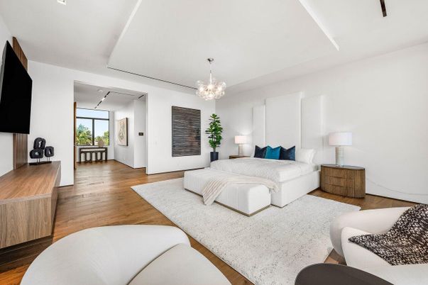 Bedroom, Chandelier, Interior, Wood Texture Flooring