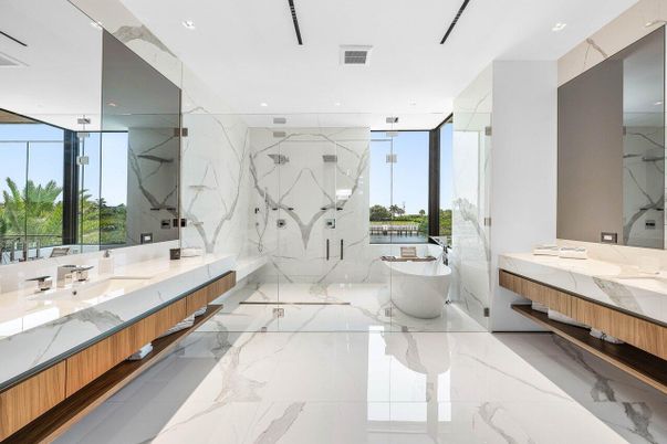 Bathroom, Dual Sink Vanities, Free Standing Baths, Glass Shower, Interior, Marble, Marble Walls, Recessed Lighting