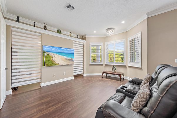 Home Theatre Room, Interior, Living room, Recessed Lighting, Wood Texture Flooring