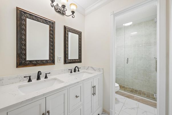 Bathroom, Dual Sink Vanities, Glass Shower, Interior, Marble