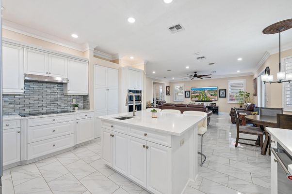 Dining room, Interior, Kitchen, Living room, Marble, Pendant Lights, Recessed Lighting