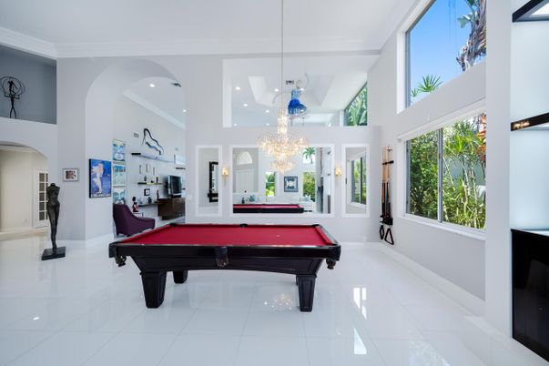 Billiard Table, Chandelier, Game Room, Interior, Recessed Lighting