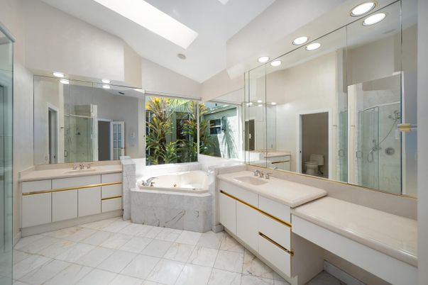 Bathroom, Dual Sink Vanities, Glass Shower, Interior, Marble, Recessed Lighting