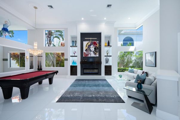 Billiard Table, Chandelier, Fireplace, Game Room, Interior, Living room, Pendant Lights, Recessed Lighting