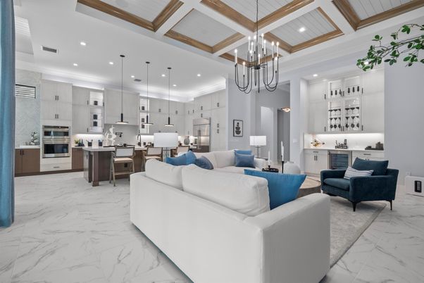 Interior, Kitchen, Living room, Marble, Pendant Lights, Recessed Lighting, Stainless Steel Appliances