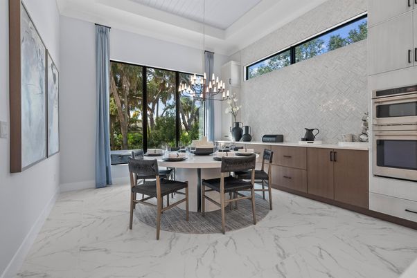 Dining room, Interior, Kitchen, Marble, Pendant Lights, Stainless Steel Appliances