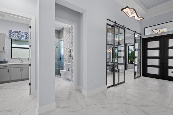 Bathroom, Glass Shower, Interior, Marble, Pendant Lights