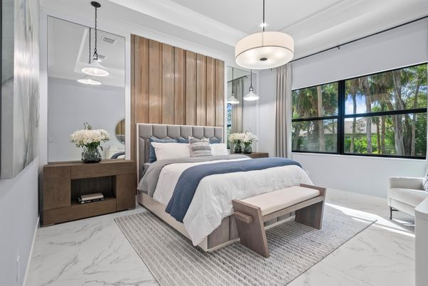 Bedroom, Interior, Marble, Pendant Lights