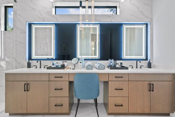 Bathroom, Dual Sink Vanities, Interior, Marble, Marble Walls, Pendant Lights