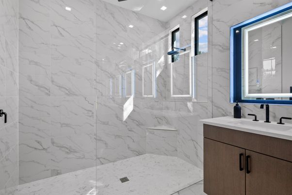 Bathroom, Glass Shower, Interior, Marble Walls, Recessed Lighting