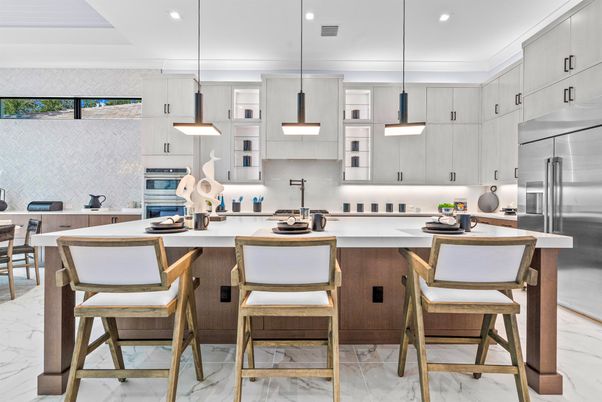 Interior, Kitchen, Marble, Pendant Lights, Recessed Lighting, Stainless Steel Appliances