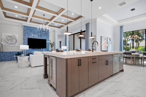 Chandelier, Dining room, Interior, Kitchen, Living room, Marble, Pendant Lights, Recessed Lighting, Stainless Steel Appliances