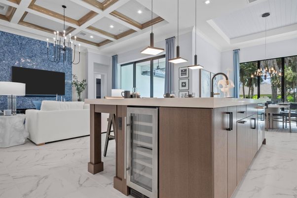 Dining room, Interior, Living room, Marble, Pendant Lights, Recessed Lighting