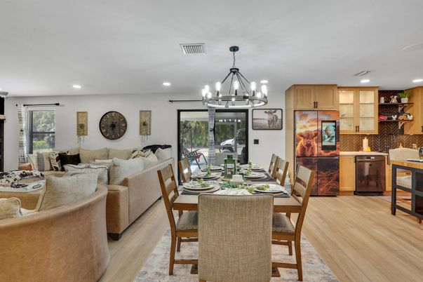 Chandelier, Dining room, Interior, Kitchen, Living room, Recessed Lighting, Wood Texture Flooring
