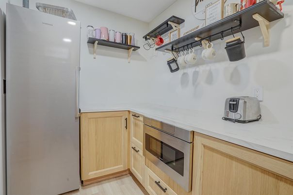 Interior, Kitchen, Recessed Lighting, Stainless Steel Appliances, Wood Texture Flooring