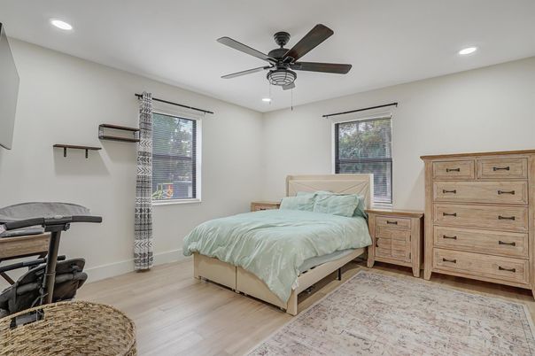 Bedroom, Fitness Equipment, Interior, Recessed Lighting, Wood Texture Flooring