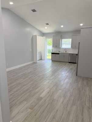 Empty room, Interior, Kitchen, Recessed Lighting, Wood Texture Flooring