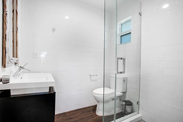 Bathroom, Glass Shower, Interior, Wood Texture Flooring