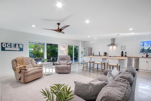 Interior, Kitchen, Living room, Recessed Lighting, Stainless Steel Appliances, Stone Walls