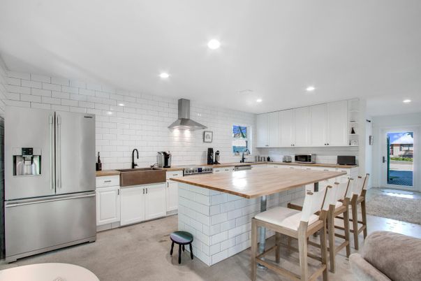 Interior, Kitchen, Recessed Lighting, Stainless Steel Appliances, Stone Walls