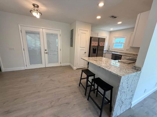 Interior, Kitchen, Recessed Lighting, Wood Texture Flooring