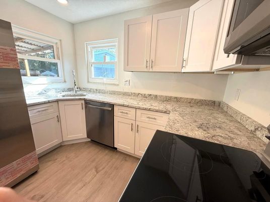 Interior, Kitchen, Recessed Lighting, Wood Texture Flooring