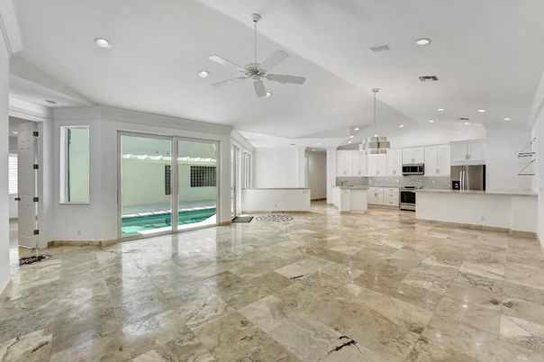 Empty room, Interior, Kitchen, Pendant Lights, Recessed Lighting, Stainless Steel Appliances