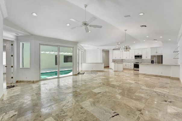 Empty room, Interior, Kitchen, Pendant Lights, Recessed Lighting, Stainless Steel Appliances