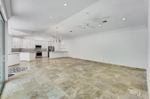 Empty room, Interior, Kitchen, Pendant Lights, Recessed Lighting, Stainless Steel Appliances