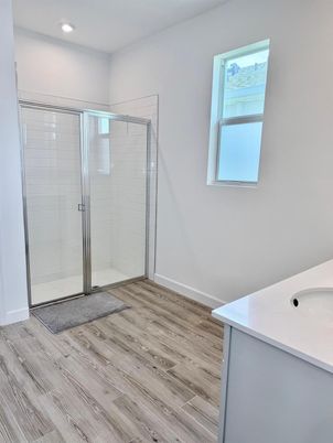 Bathroom, Glass Shower, Interior, Recessed Lighting, Wood Texture Flooring