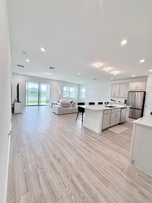 Interior, Kitchen, Living room, Recessed Lighting, Stainless Steel Appliances, Wood Texture Flooring