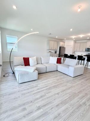 Interior, Kitchen, Living room, Recessed Lighting, Stainless Steel Appliances, Wood Texture Flooring