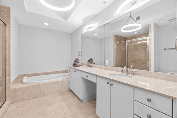Bathroom, Dual Sink Vanities, Glass Shower, Interior, Pendant Lights, Recessed Lighting