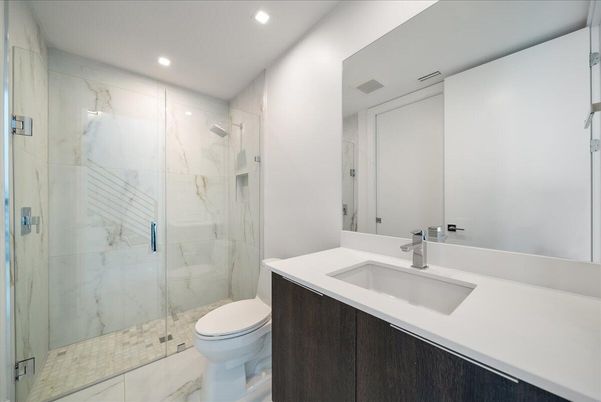 Bathroom, Glass Shower, Interior, Marble, Marble Walls, Recessed Lighting
